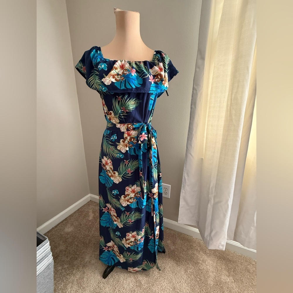 SHEIN Navy Floral Off-Shoulder Maxi Dress with Tie Waist